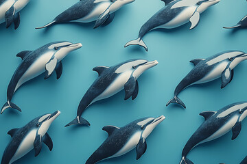 On a pastel blue background, small silhouettes of dolphins are arranged in a pattern