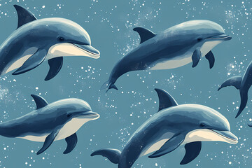 Obraz premium On a pastel blue background, small silhouettes of dolphins are arranged in a pattern