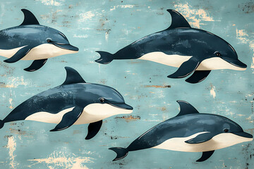 Obraz premium On a pastel blue background, small silhouettes of dolphins are arranged in a pattern