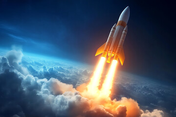 A 3D rendering of a rocket taking off, emerging dynamically from a laptop screen, symbolizing innovation, technology, and limitless possibilities in the digital age.