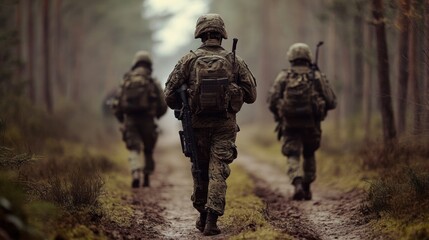 Fototapeta premium Soldiers Walking Through Forest Path