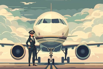 Fototapeta premium Vector Illustration of a Confident Female Captain Standing in Front of an Airplane, Surrounded by Clouds, Perfect for Aviation and Travel Themes