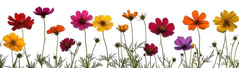 Vibrant flowers in various colors against a white background.