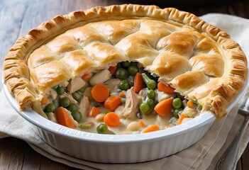 A slice of chicken pot pie with a flaky crust and steam rising from the filling