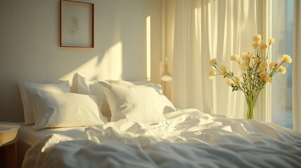 white bed room with flower and warm light