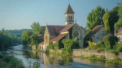 Obraz premium Serenity of an ancient village by the riverside under the soft glow of dusk. Generative AI
