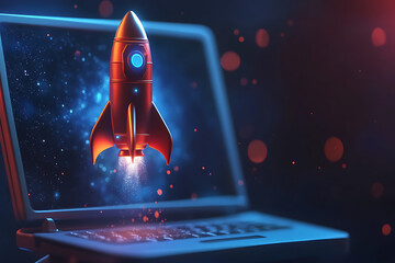 A 3D rendering of a rocket taking off, emerging dynamically from a laptop screen, symbolizing innovation, technology, and limitless possibilities in the digital age.