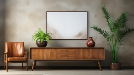 Loft-inspired design with a wooden cabinet and concrete wall. Blank poster frame adds customizable decor for creative spaces.