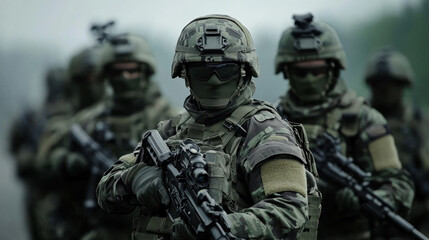 Fototapeta premium Vigilant soldiers with advanced gear at attention