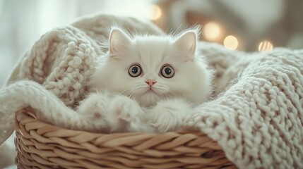 Obraz premium Adorable white kitten nestled in a cozy woven basket with a soft blanket.