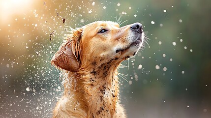 The wet dog vigorously shakes its body, sending cascades of mud and water flying in all directions, creating a chaotic whirlwind of splashes and droplets around it.