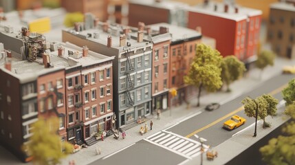 Fototapeta premium A Miniature Cityscape Featuring Charming Brownstone Buildings and Lively Streets Filled with People, Trees, and Yellow Taxicabs in a Detailed Urban Environment