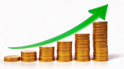 A stack of golden coins with a green arrow pointing upwards, isolated on a clean white background, with professional lighting