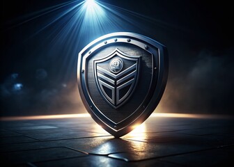 Captivating Low Light Photography of a Shield Logo Emphasizing Strength and Protection with Dynamic Lighting Effects and a Dark Background for a Professional Look