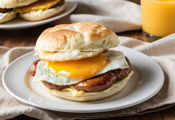 A close-up of a sausage, egg, and cheese biscuit on a plate with a cup of coffee in the background.