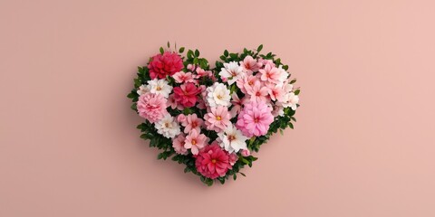 A beautiful heart-shaped arrangement of colorful flowers against a soft pink background, symbolizing love and nature.