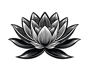 A lotus lily water flower in a vintage woodcut eng raving style, vector, black and white