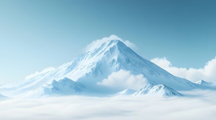 Snow-covered mountain peak rises against crystal blue sky, capturing serene alpine landscape with pristine snow and ethereal mountain atmosphere.