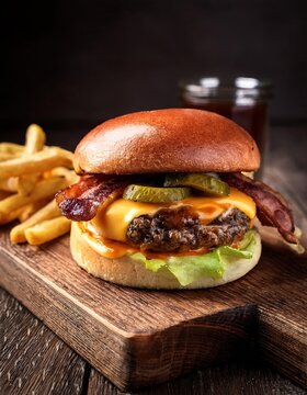 Juicy Bacon Cheeseburger with Crispy Fries and Pickles on Rustic Wooden Board
