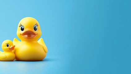 Yellow Rubber Duck with Three Little Ones, Blue Background, Web Banner with Copy Space