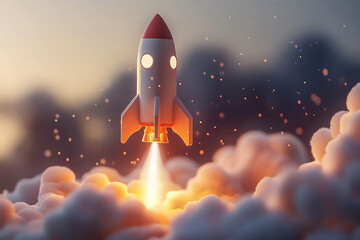 A 3D rendering of a rocket taking off, emerging dynamically from a laptop screen, symbolizing innovation, technology, and limitless possibilities in the digital age.