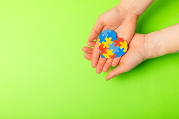 Autism puzzle.Autism awareness day. Colorful bright puzzles.Puzzle. 2 April world autism awareness day background. Top view. Space for text.Copy space.Design element.Care Awareness campaign for Autism