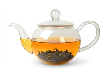 A clear glass teapot filled with aromatic herbal tea, showcasing the beautiful color and rich texture of the leaves.