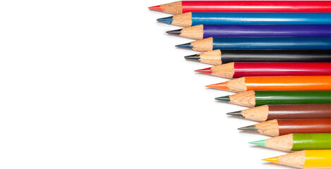 A vibrant collection of colored pencils arranged artistically for drawing and coloring projects, showcasing a variety of shades on a clean white background