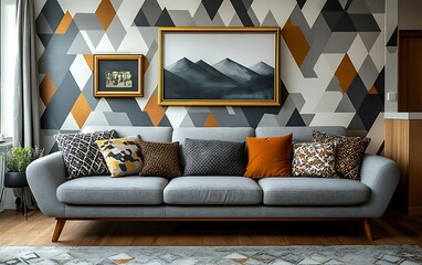 Modern living room with gray sofa, geometric wallpaper, and framed art.