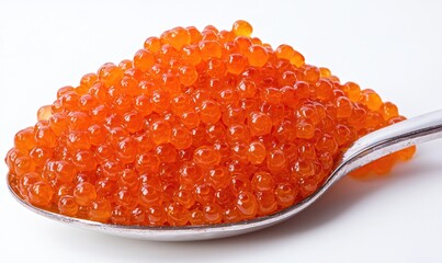 A close-up of vibrant orange caviar pearls on a silver spoon, showcasing their glossy texture and appetizing appearance.