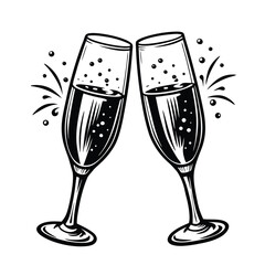 Festive glasses of champagne with splashes vector. Engraving style vector illustration, black and white