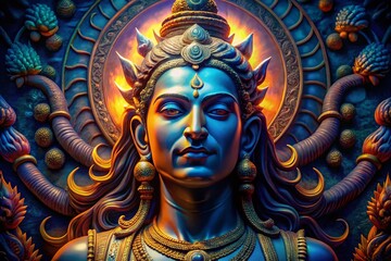 Captivating Low Light Photography of Shiva Art: Ethereal Expressions of Divinity and Spirituality in a Mystical Atmosphere with Vibrant Colors and Intricate Details