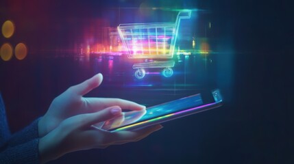Glowing shopping cart hologram digital sale promotion poster design for holiday shopping season.