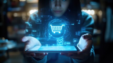 Glowing shopping cart hologram digital sale promotion poster design for holiday shopping season.