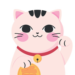 Cute cartoon maneki neko isolated. Japanese lucky cat. Symbol of wealth and luck.  Vector illustration
