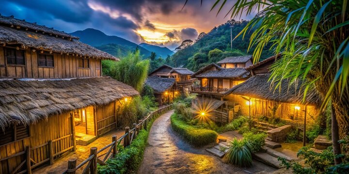 Captivating Low Light Photography of Traditional Bahareque Houses Surrounded by Nature, Showcasing Unique Architecture and Warm Ambiance at Dusk in a Tranquil Setting