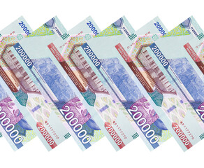 Seamless pattern with Uzbek two hundred-thousand banknotes. Image isolated on white background