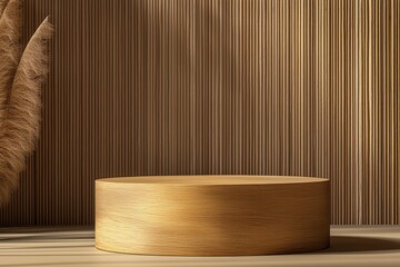 A minimalistic wooden display pedestal against a textured backdrop, perfect for showcasing decor or products.