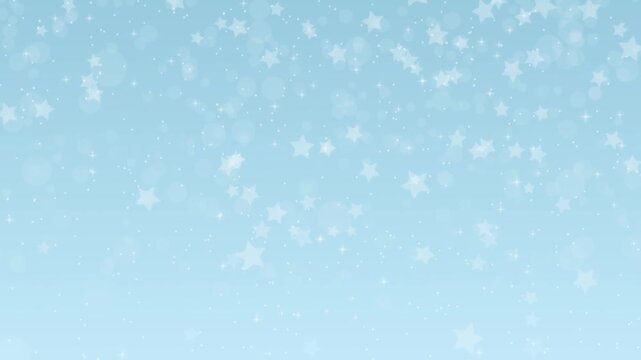 Light blue Christmas background with stars and glittering white particles.
