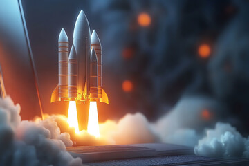 Obraz premium A 3D rendering of a rocket taking off, emerging dynamically from a laptop screen, symbolizing innovation, technology, and limitless possibilities in the digital age.