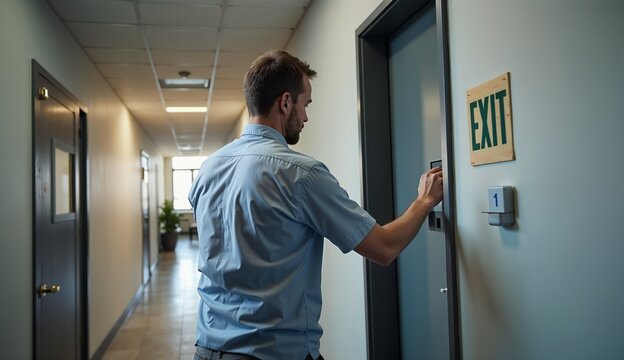 Fire safety check in office building corridor with emergency exit 