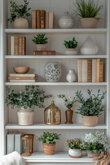 Fototapeta premium An office space with bright lighting and white walls in a modern, minimalistic style. Widely spaced shelves in light brown and beige tones are neatly arranged with a few books, elegant ornaments.