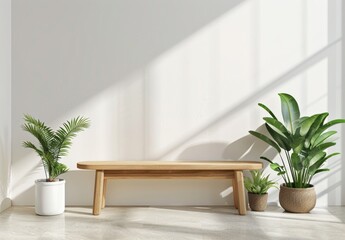 Minimalist interior design with wooden bench and plants against a white wall