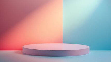 Fototapeta premium Contemporary cylindrical stand on gradient backdrop. Abstract product podium featuring shades of pink, blue and coral for stylish and modern presentations