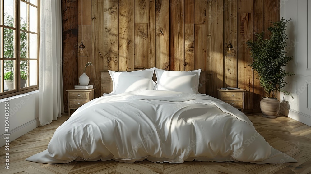 Poster Inviting bedroom with wooden walls and plush bedding offers a serene retreat for relaxation. Generative AI