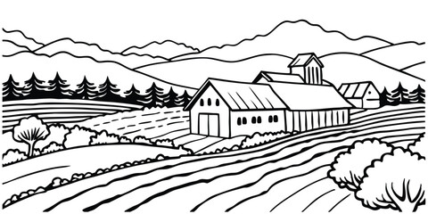 Fototapeta premium Rural sketch panoramic landscape with farm house and trees, vector sketch illustration on white background