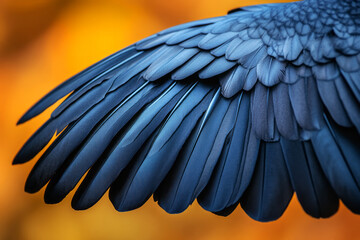 Obraz premium Close-Up View of Shimmering Black Bird Wing Feathers Against a Vibrant Orange Background, Showcasing Nature's Intricate Texture and Detail in a Stunning Contrast