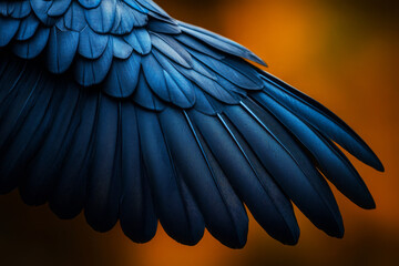 Fototapeta premium Close-Up View of Majestic Blue Bird Wing Feathers Showcasing Intricate Textures and Vibrant Colors Against a Warm Blurred Background