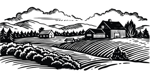 Fototapeta premium Rural sketch panoramic landscape with farm house and trees, vector sketch illustration on white background