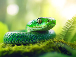 Fototapeta premium Close-Up of Vibrant Green Snake Resting on Lush Green Moss Surrounded by Ferns in Tropical Rainforest Environment Showcasing Nature's Beauty